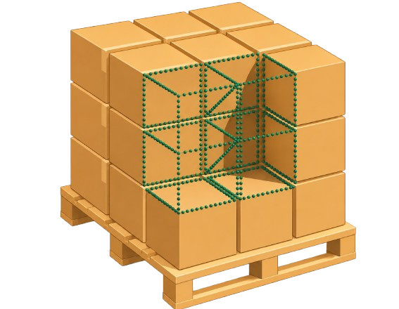 3D visualisation of boxes optimally arranged on a pallet, with green dotted lines showing the algorithm's placement logic.