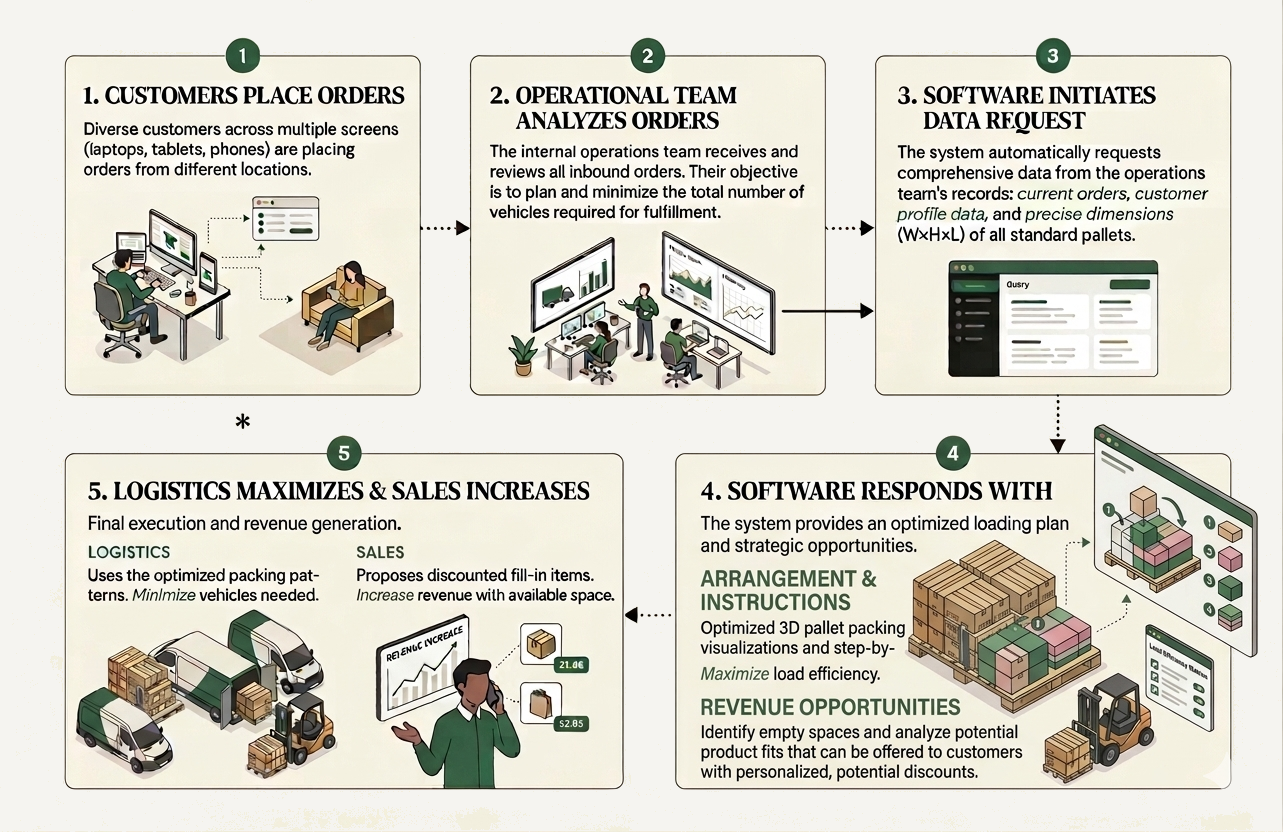 Diagram showing how a fulfillment company sends a request to 3DBinPacking to optimise pallet loading, then receives step-by-step instructions in return.